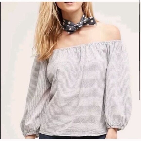 Anthropologie Maeve Off-The-Shoulder Stripe Poplin Top - Picture 1 of 7